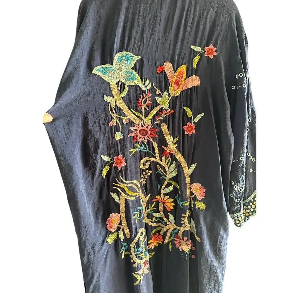 Johnny Was Long Kimono Jacket Summer Floral Embroidered Navy Blue Size Small - Picture 7 of 9